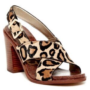 Sam Edelman Ivy Genuine Calf Hair Open Toe Block Heel Sandal Gold Black Tan SZ:6